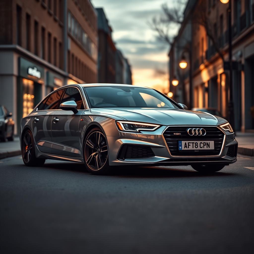 Premium silver Audi sedan parked on a London street at dusk